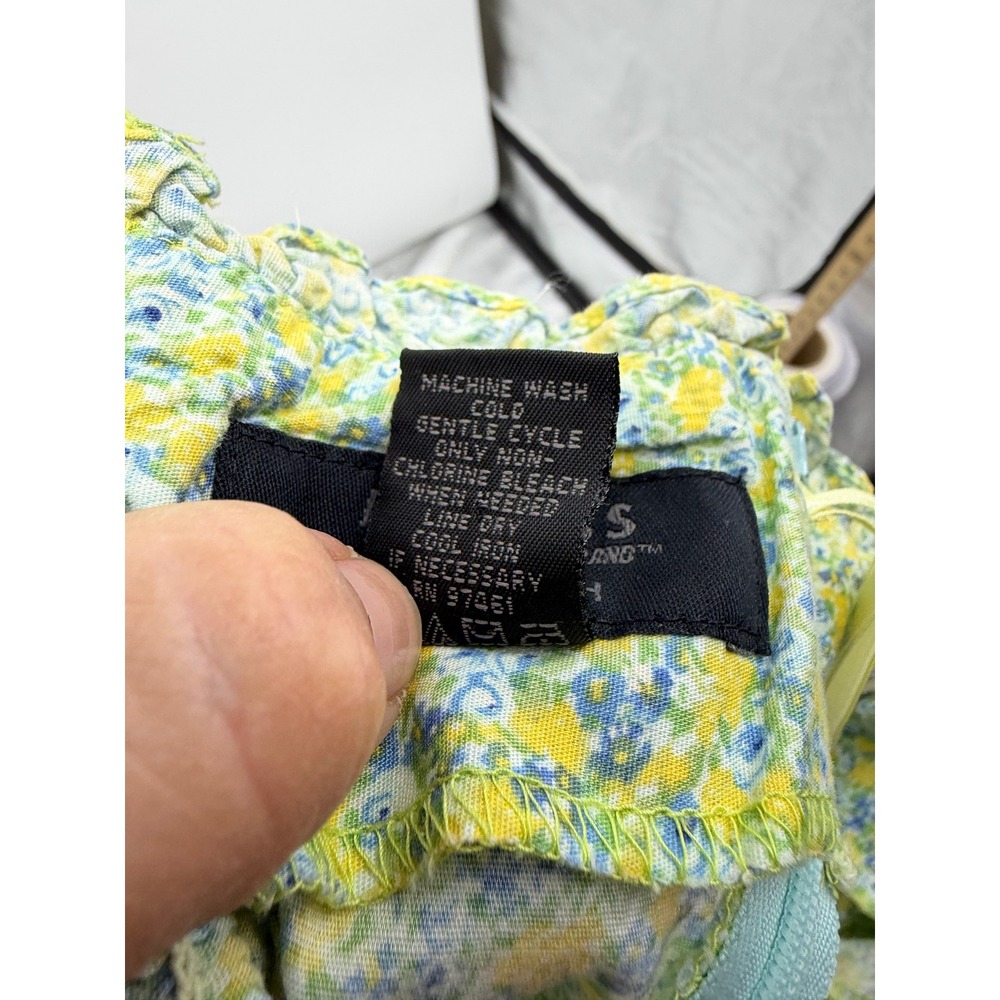 vintage Express Strapless Floral Mini Dress sz 1/2 Yellow Blue Smocked Bodycon - Picture 7 of 10